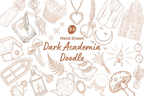 30 Dark Academia Hand Drawn Doodles: Scholarly Charm