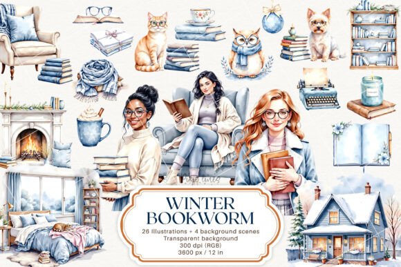 Blue Winter Book Lover: A Cozy Clipart Collection