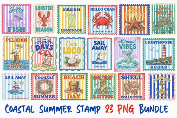 Coastal Summer Stamp Clipart Bundle: Vintage Beach Vibes
