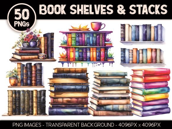 Elevate Your Designs with 50 Book Shelves & Stacks Clip Art