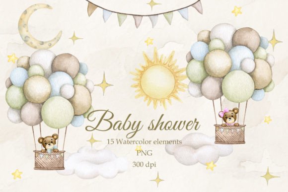 Enchanting Baby Shower Set with Watercolor Teddy Bear PNGs