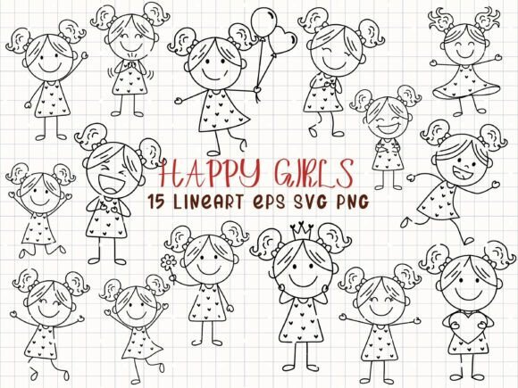 Happy Girls Line Art Stick Figure Girl: A Creative Asset