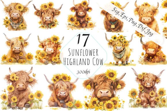 Highland Cow Sunflowers Clipart SVG & PNG for Creative Projects