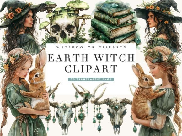 Watercolor Earth Witch Clipart Bundle: Nature-Inspired Magic
