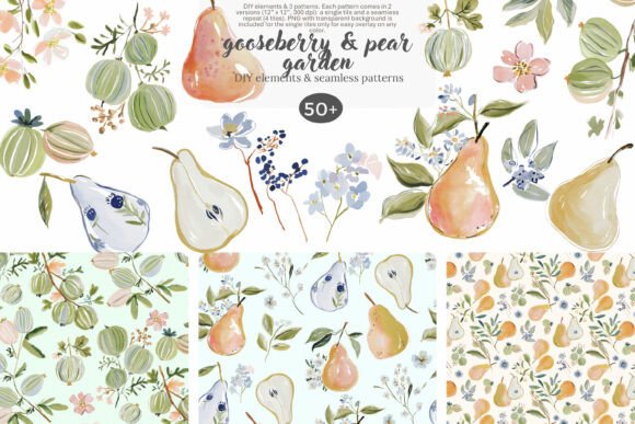 Watercolor Pear & Gooseberry Set: A Designer's Botanical Toolkit