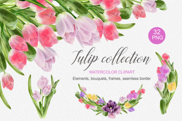 Watercolor Tulip Flower Bouquet, Frame: Spring Design Assets