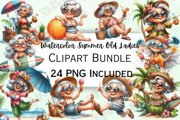 Whimsical Beachside Charm: Funny Watercolor Summer Old Lady Clipart